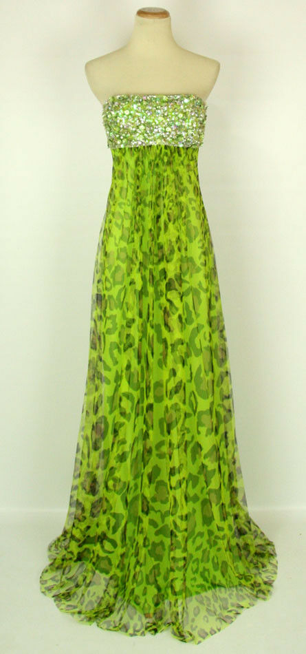 NWT Jovani Size 2 Prom Formal Cruise Long $450 Gown Green Strapless Animal Print