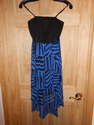 NEW sz Medium Deb Black & Royal Blue Striped LBD Strapless Long/Short Cute Dress