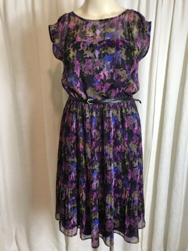 Jessica Howard Purple Floral Cap Sleeved Accordion Pleated Dress Miss Size 14
