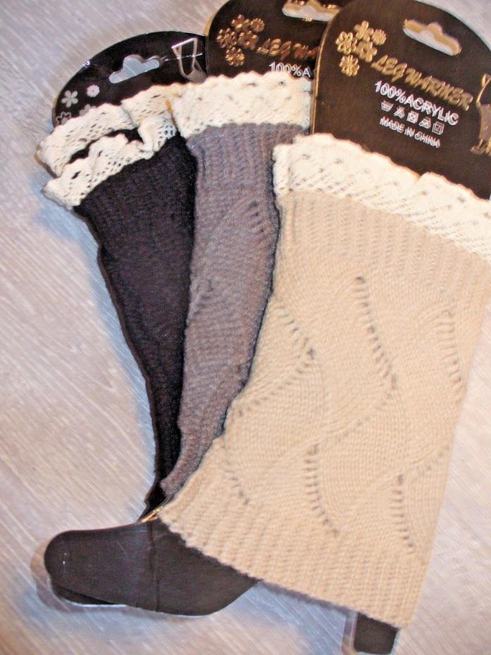 NIP Lot of 3  Women's Lace Boot Cuff / Leg Warmer Tan, Grey, Black