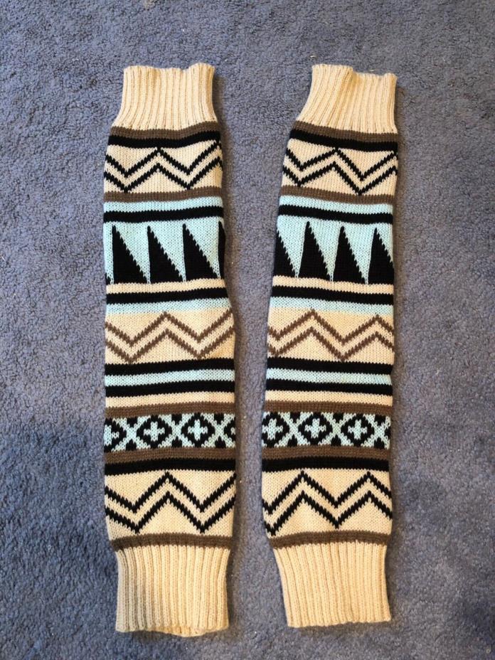 multi colored patterned leg warmers, one size, neutral colors and blue