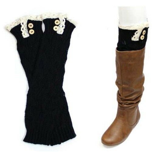 Leg Warmers Boot Toppers Sweater Knitted BLACK Button Crochet Tall Socks