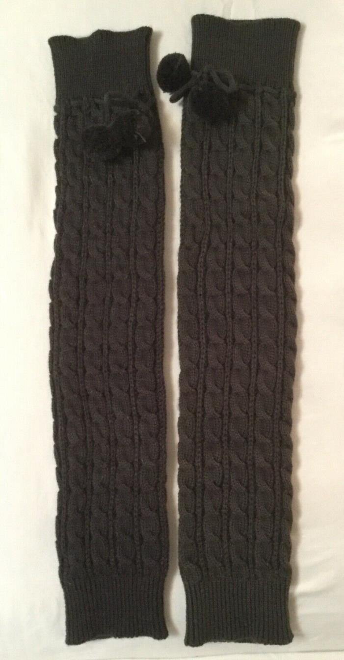Womens Gray Cable Knit Leg Warmers Leggings with Pom Poms