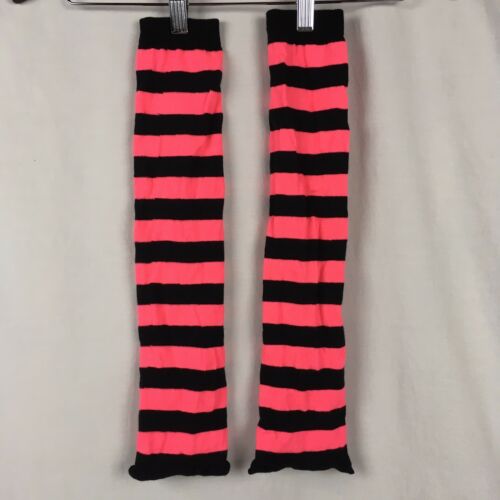 Womens Leg Warmers OS One Size Pink Black Striped Neon Knit 80s Costume Dance
