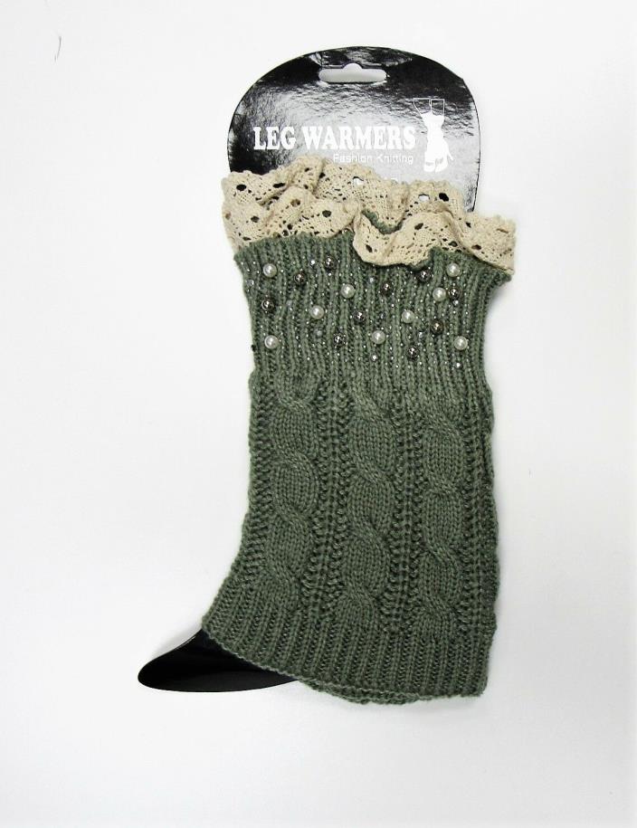 Green Knit Leg Warmers Boot Toppers With Lace Trim Beaded Stone Design