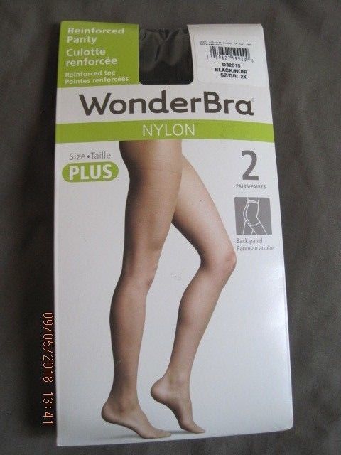 WonderBra Sheer PANTYHOSE Reinforced Panty & Toe Black 2X 2 Pair Sealed