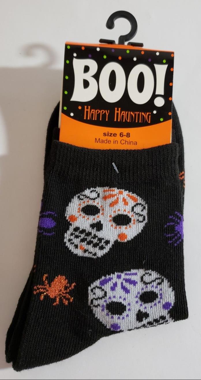 Halloween Socks Ladies Size 6-8 and 9-11 (Black Sock-Multi-Color Skull Print)