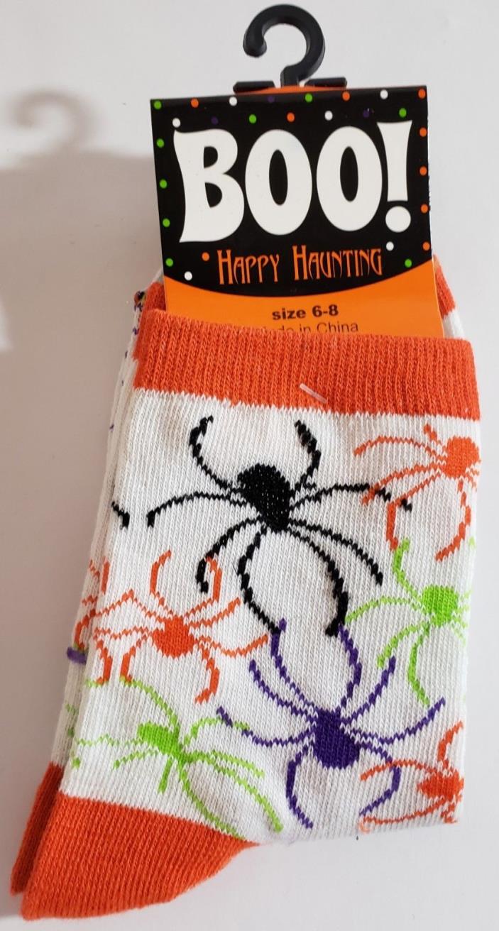 Halloween Socks Ladies Size 6-8 and 9-11 (White/Orange Sock, Multi Color Spider)