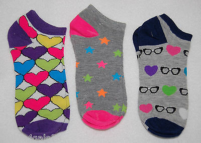 Womens Ankle Socks 3 Pair Lot Fits 4-10 Shoe Size HEARTS STARS GLASSES GRAY *