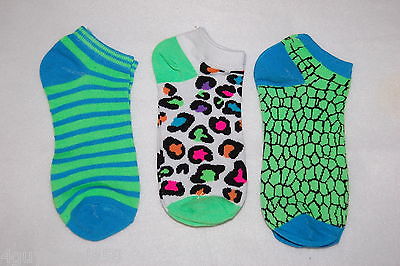 Womens Ankle Socks 3 Pair Lot Fits 4-10 Shoe Size Turquoise GREEN Animal Print *