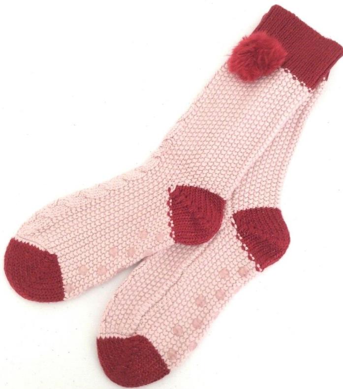 Victoria's Secret POM POM GRIPPER Knit Sleep Lounge Pink Red Slipper Socks M / L