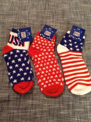 Lot of 3 pair of Women's Patriotic Ankle Socks Size 9-11 Stars Stripes Peace
