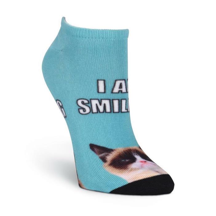 I Am Smiling K Bell No Show Socks Blue New Women's Size 9-11 Grumpy Cat Fashion