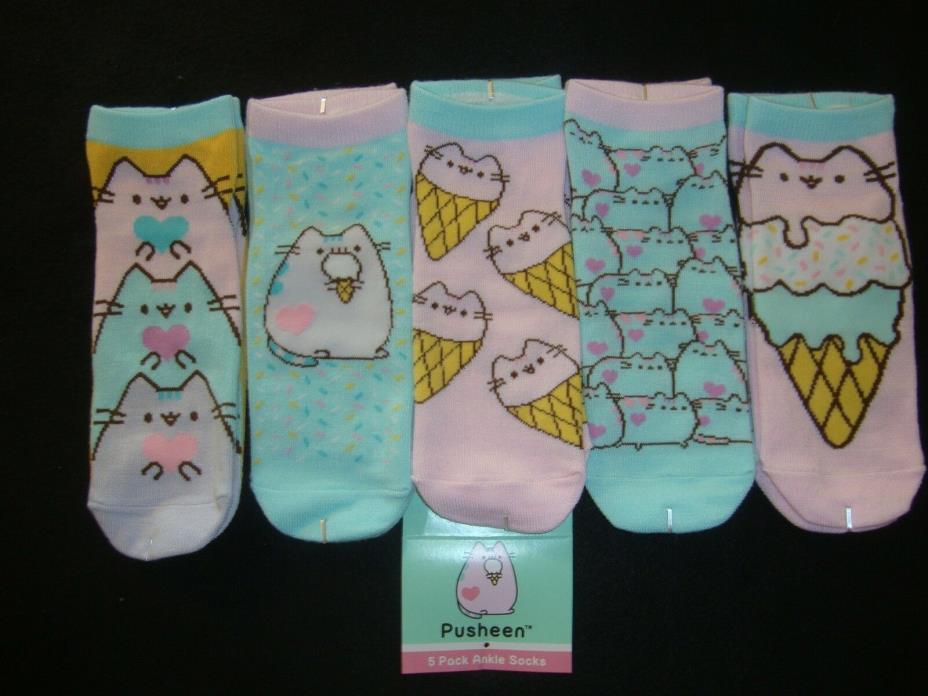 LADIES PUSHEEN THE CAT ANKLE SOCKS 5 PAIR ALL DIFFERENT