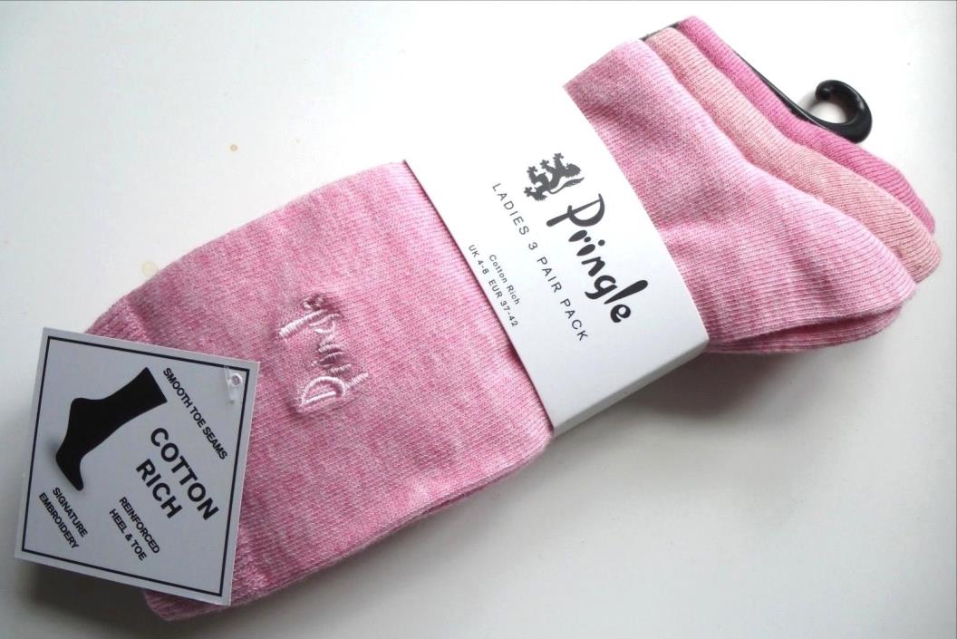 3 x Womens PRINGLE 'Shades of Pink' Cotton Rich Ankle Socks UK 4-8, 37-42