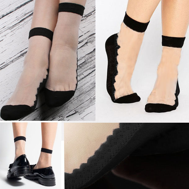 3PC Black Stripe Floral Sheer Ultra Thin Mesh Short Ankle High Anklet Sock Retro