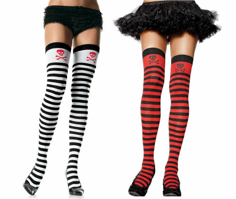 Women Opaque STRIPED THIGH HIGHS w SKULL Print Top by Leg Ave in 2 Color Choices