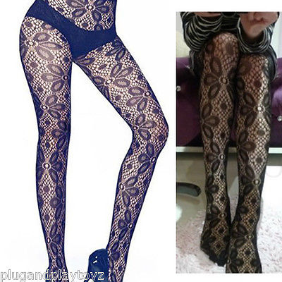 Women's Black Lolita Stockings Oval Floral Sheer Net Lace Tights Full Pantyhose