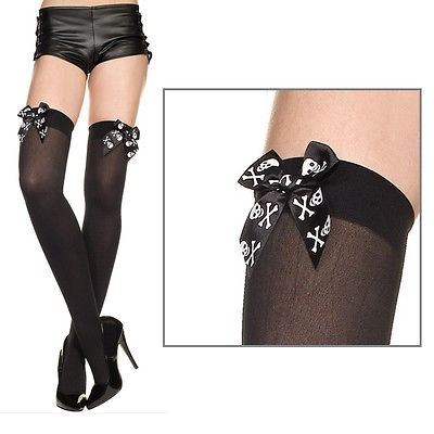 Black Opaque Nylon Thigh High Hi Stockings w/ Bows Goth Halloween Pirate Costume