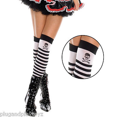 Black White Skull Crossbones Striped Thigh Highs Hi Stockings Long Socks Pirate