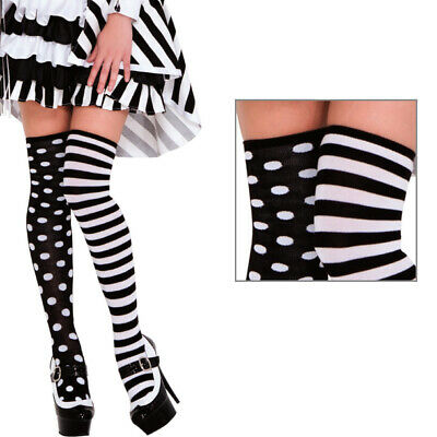 Opaque Black/White Striped/Polka Dot Knee Highs Socks Halloween Jester Costume