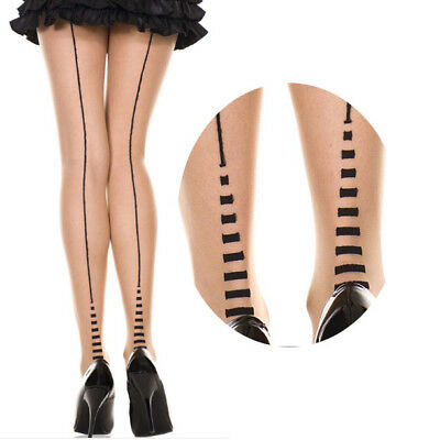 Solid Beige/Black Pin Stripe Striped Cuban Heel Backseam Thigh Hi Stockings OS