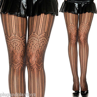 Women's Black Stockings Striped Net Floral Lace Garter Tights Full Pantyhose OS
