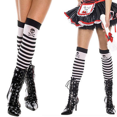 Opaque Black & White Striped Thigh Highs Knee Socks Halloween Pirate Costume OS