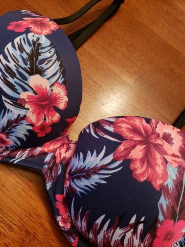 34B PINK Victoria's Secret Bra Wear Everywhere Lightly Lined Navy Blue Hibiscus