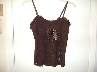 Women's Nylon Spandex Sheer Lace Ruffled Brown Camisole Top w/Lined Cups S NWT