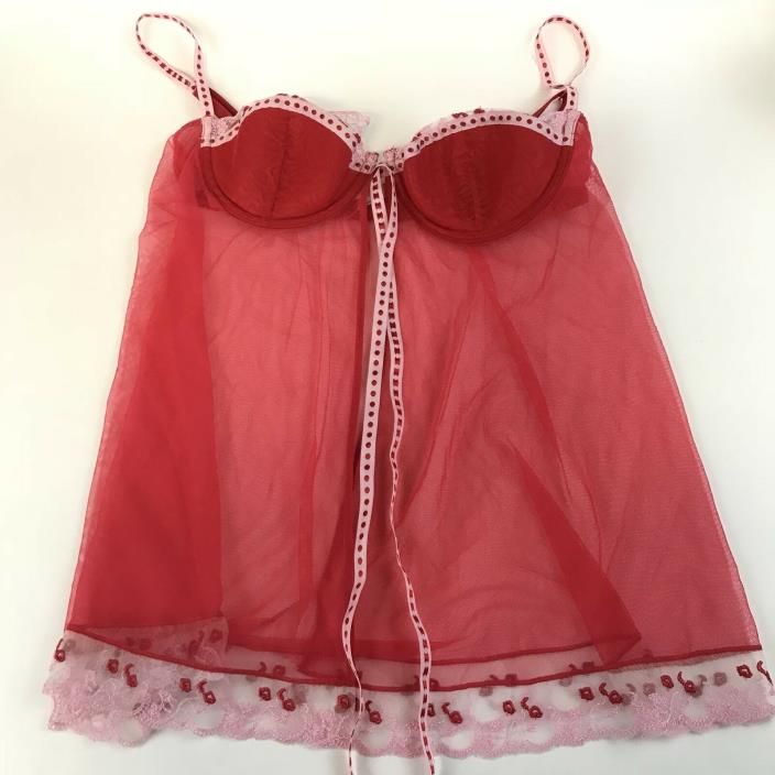 Victorias Secret 36B Camisole Nighty Lingerie Red Pink Lace Front Close Underwir