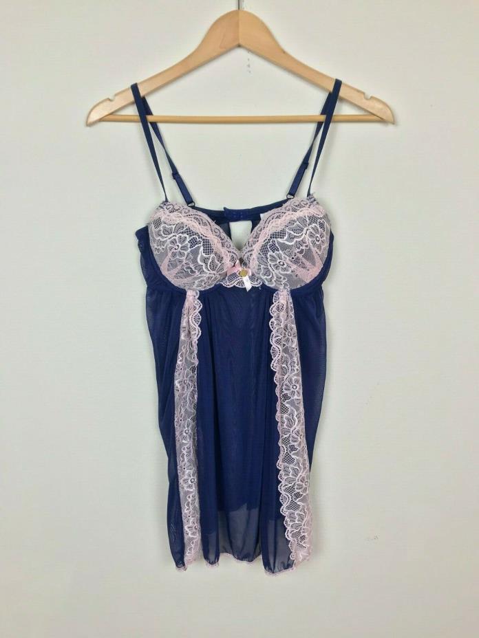 Jessica Simpson Woman Baby Doll Sz L Intimate Lingerie Lace Underwire Blue Pink