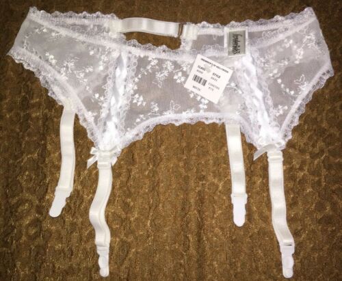 New fredericks of hollywood white lace embroidered w ribbon lacing garter belt S