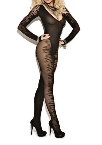 Long Sleeve Jacquard Body Stocking Sheer Black New Women's One Size 8888