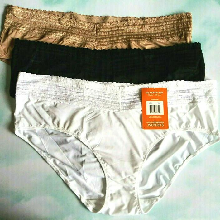 Warner's 3 Pk No Muffin Top Hipster Panties Plus 3XL/10 Wide Lace Waist Multicol