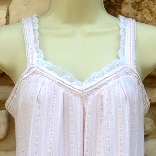 Eileen West Nightgown X-Small Pink White Floral Striped Sleeveless Cotton Knit