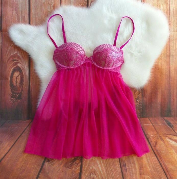 Victoria's Secret Babydoll Pink/Silver Push Up Slip Chemise Excellent size 32B