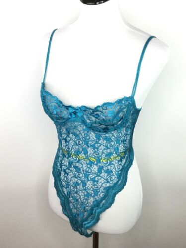 Vintage Victorias Secret Teal Lace String Thong Lingerie Teddy Negligee 34B