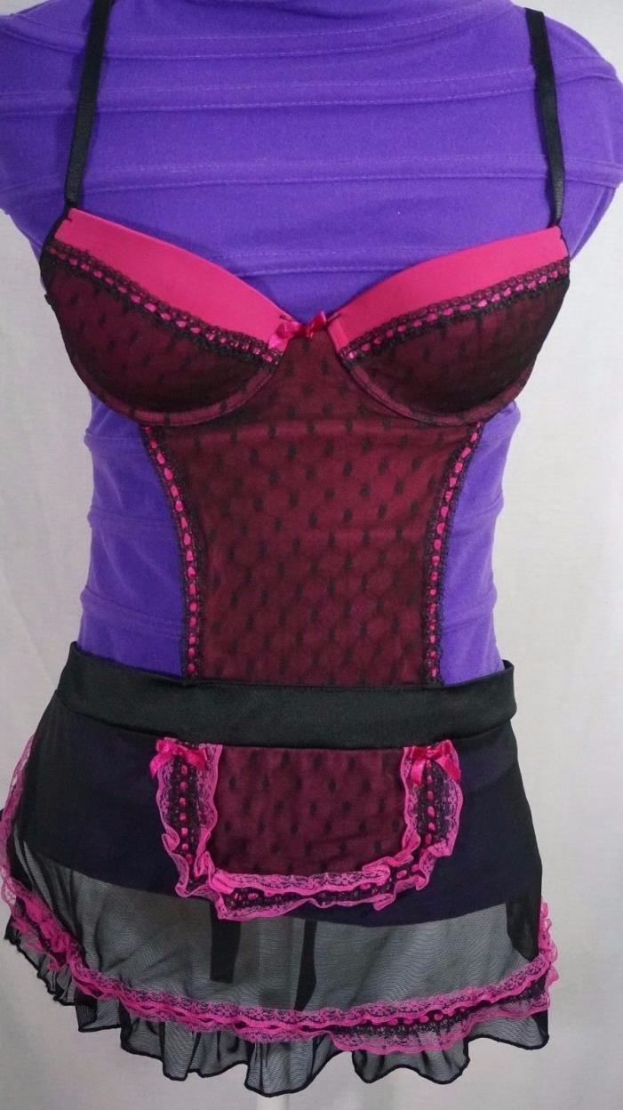 Rampage Intimates Lingerie Pink and Black Apron Push Up Teddie  Babydoll Size M