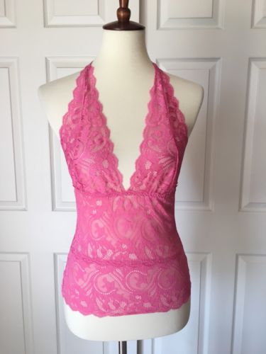 Fredericks of Hollywood Size S Pink Lace Halter Top Teddie Lingerie Tie Neck