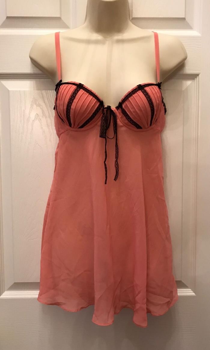 Gilligan & O'Malley Coral / Black Sheer Babydoll Teddy Padded Cup - Size Small