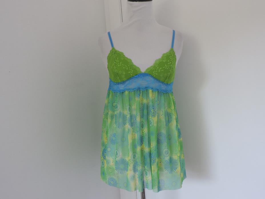 VICTORIA SECRET NWT GREEN MULTI FLORAL SHEER PADDED BUST BABY DOLL TEDDIE SZ S