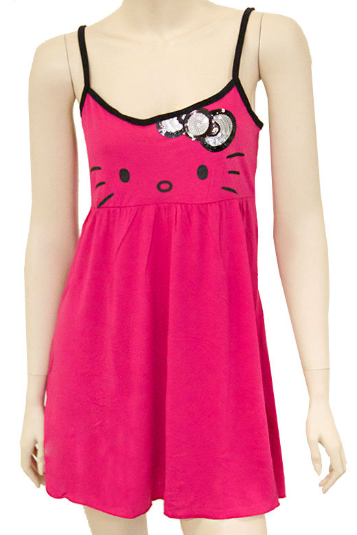Hello Kitty Women's Cotton Strappy Sequence Teddy Dress,  Hot Pink