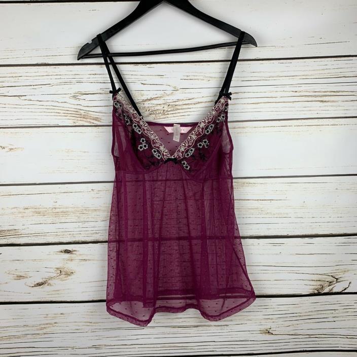 Cacique Babydoll Lingerie Nightgown Embroidered Maroon Size 14/16