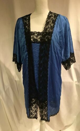 Vintage Sheer Blue Nylon Peignoir Set With Black Lace Detail Vintage Nightgown a