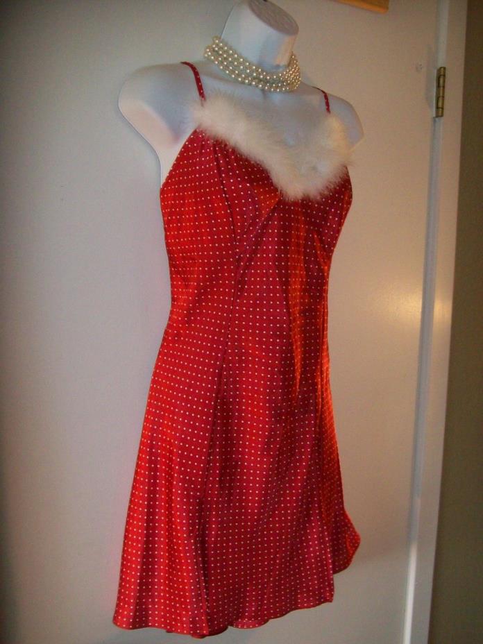 Women's Red Polka dot Furr Trim Teddy Night Gown Lingerie Slip XL Extra Large