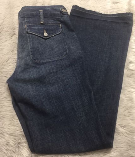 Paige Medium Wash Flap Pocket 100% Cotton Wide Leg Flare Jeans-30 34” Inseam