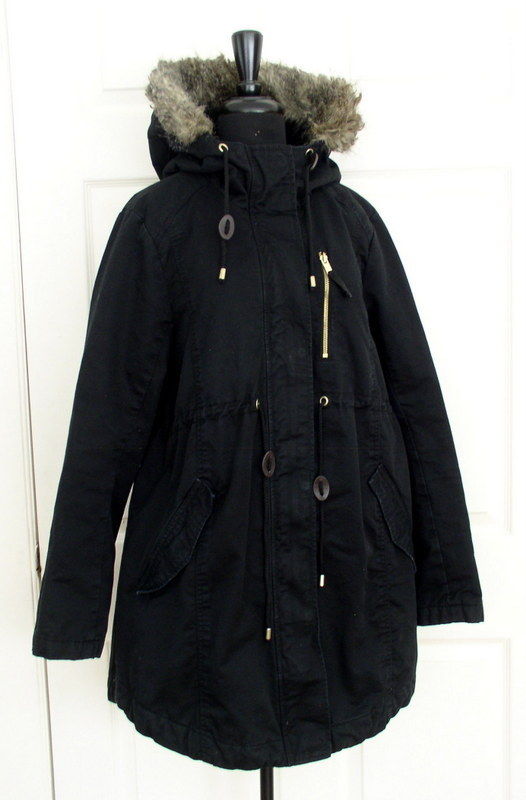 H&M Mama Maternity Jacket Women's Black Winter Coat Removable Hood Sz L
