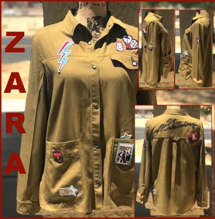 ZARA TRF OUTER-WEAR ARMY GREEN TOP or JACKET wPATCHES & EMBROIDERY Sz S BNWT