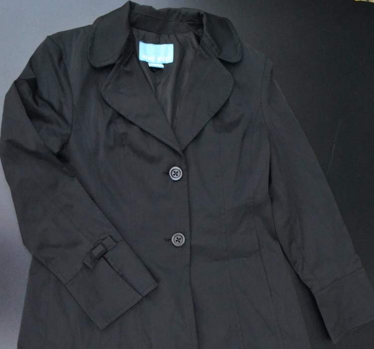Womens M Nine West Black Trench Rain Coat Feminine Style w/Lace Hem & Bow Detail